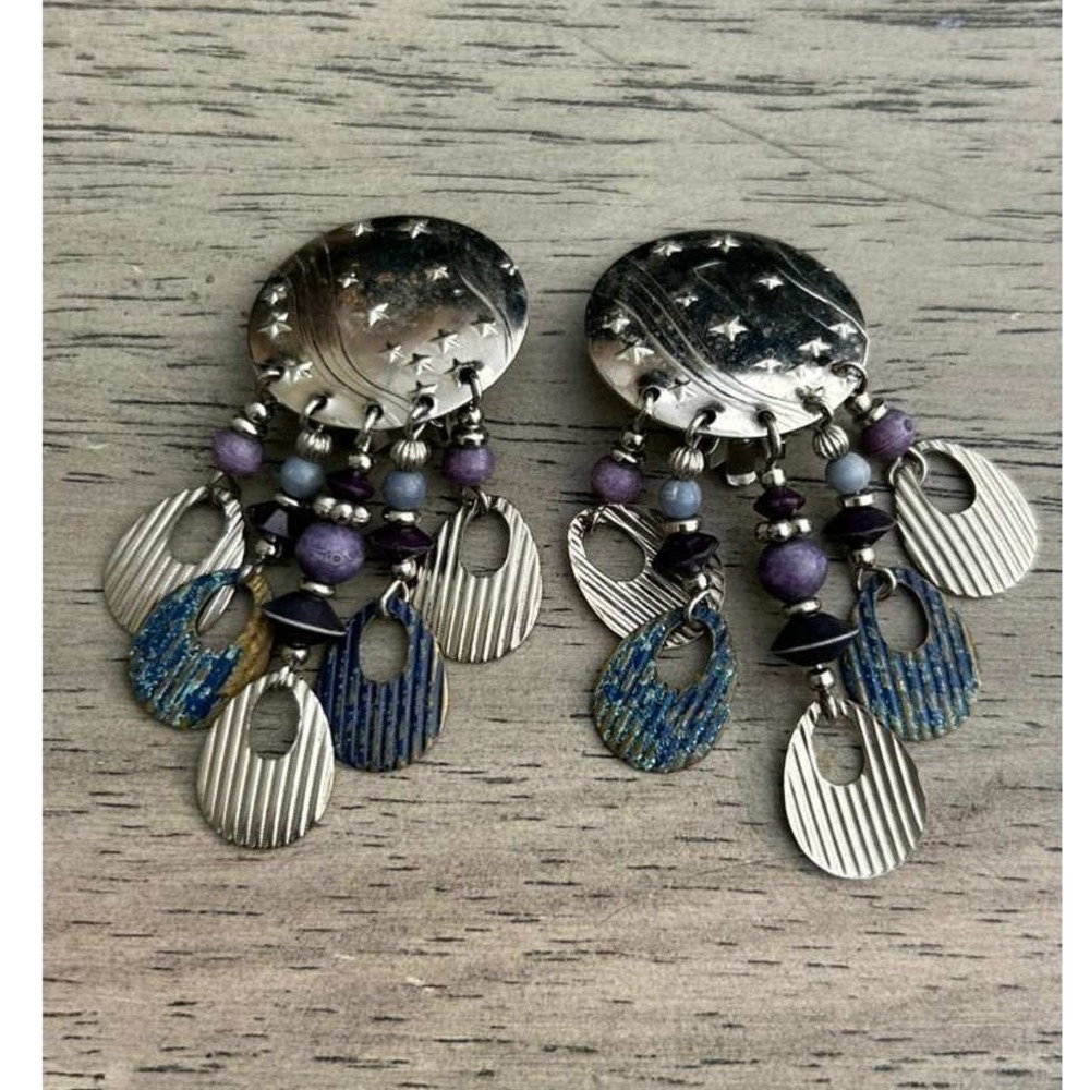 Vintage Celestial Star Clip On Dangle Earrings Silver Tone‎ Purple Blue Beaded